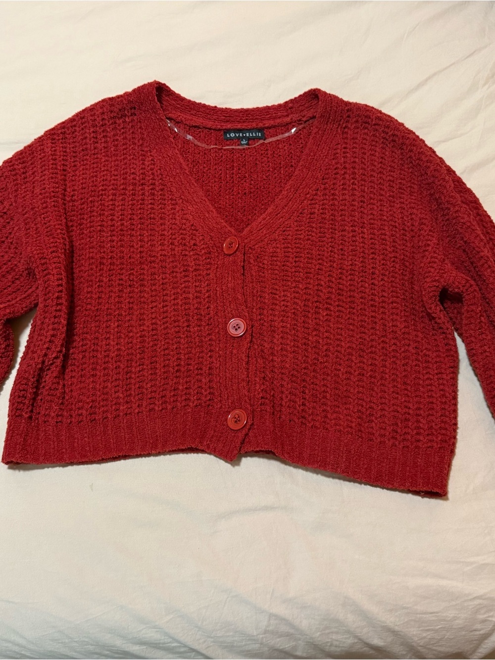Red V-Neck Button Cropped Sweater